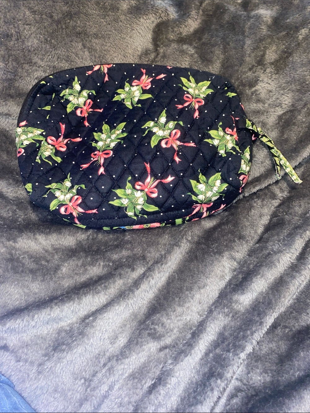 Vera Bradley Black Quilted Cosmetic Pouch with Pink Ribbon & Green Leaf Print